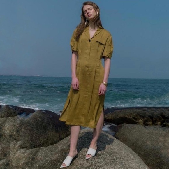 Frontrow Maison Marais Sablier Linen Blend Pleated Midi Shirt Dress Navy Small - Picture 4 of 16